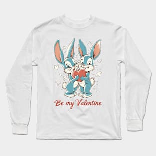 Be My Valentine: Classic Retro American Cartoon - Blue, Red, Cream Bunny Heart Long Sleeve T-Shirt